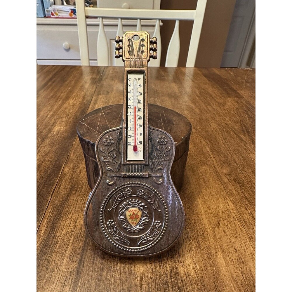 Vintage Memphis TN Guitar Thermometer Hong Kong Metal Wall Souvenir Tennessee
